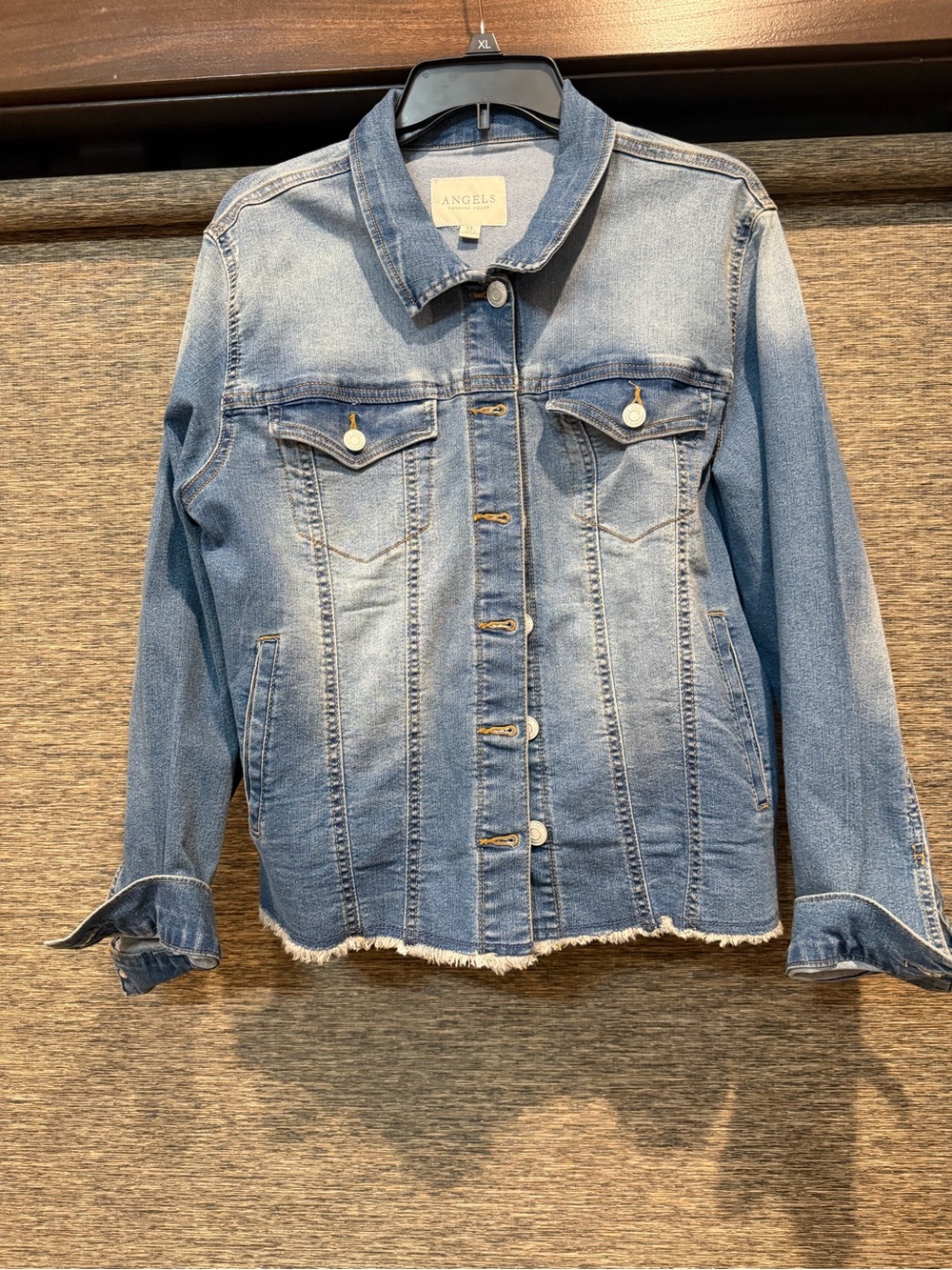 Angels Medium Wash Blue Denim Jacket with Frayed Hem